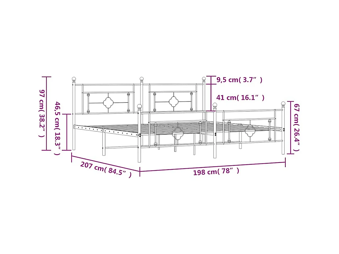 Cadre de lit métal sans matelas avec pied de lit noir 193x203cm