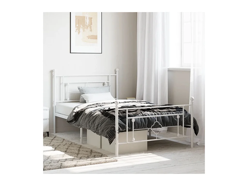 Cadre de lit métal sans matelas et pied de lit blanc 107x203 cm
