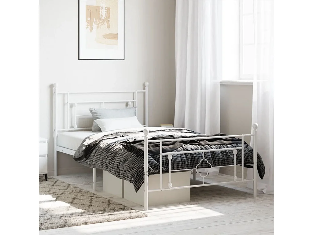 Cadre de lit métal sans matelas et pied de lit blanc 107x203 cm