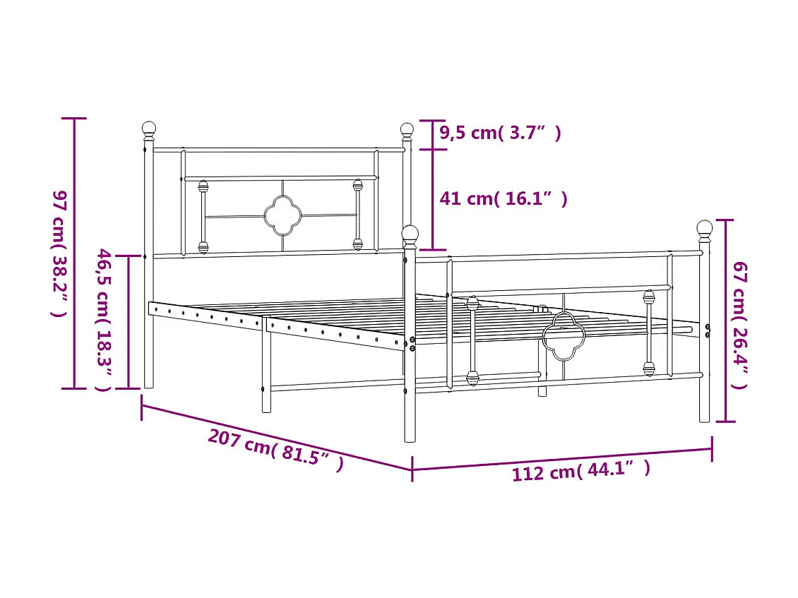 Cadre de lit métal sans matelas et pied de lit blanc 107x203 cm