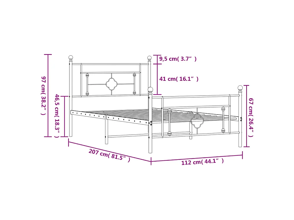 Cadre de lit métal sans matelas et pied de lit blanc 107x203 cm