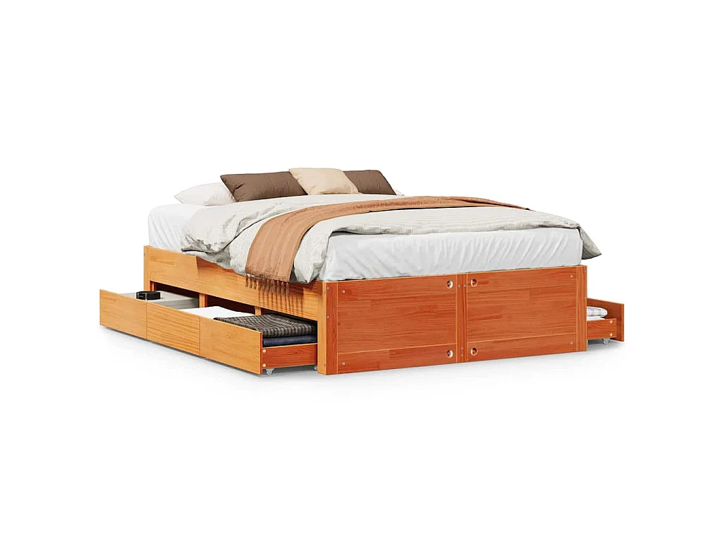 Cadre de lit sans matelas avec tiroirs brun cire 150x200 cm pin