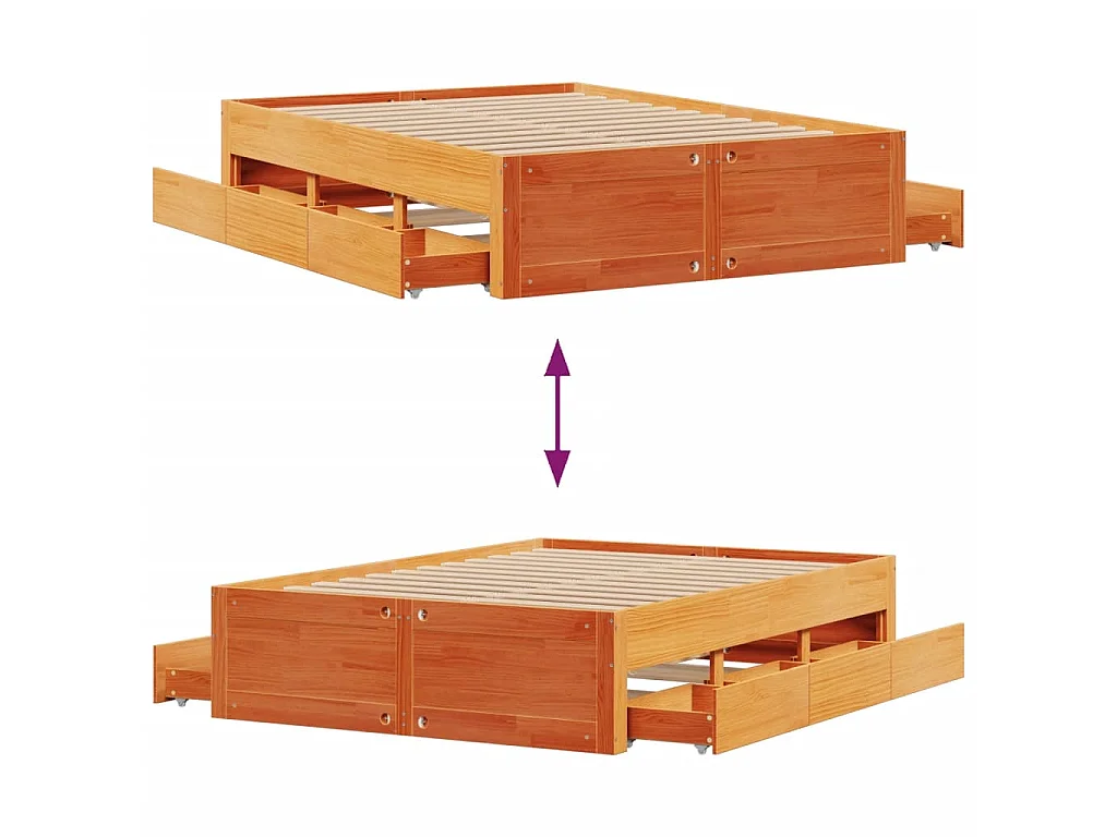 Cadre de lit sans matelas avec tiroirs brun cire 150x200 cm pin