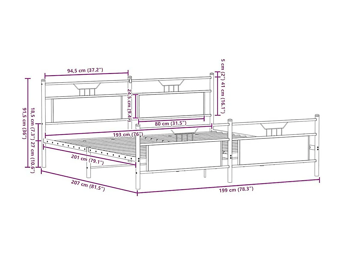Metallbett ohne Matratze Braun Eichen-Optik 193x203 cm