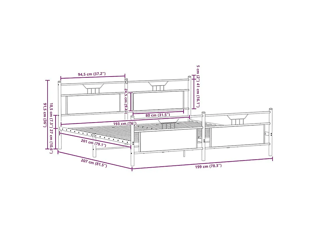 Metallbett ohne Matratze Braun Eichen-Optik 193x203 cm