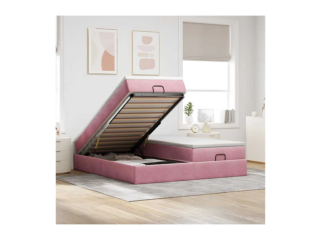 Cadre de lit ottoman avec matelas rose 200x200 cm velours