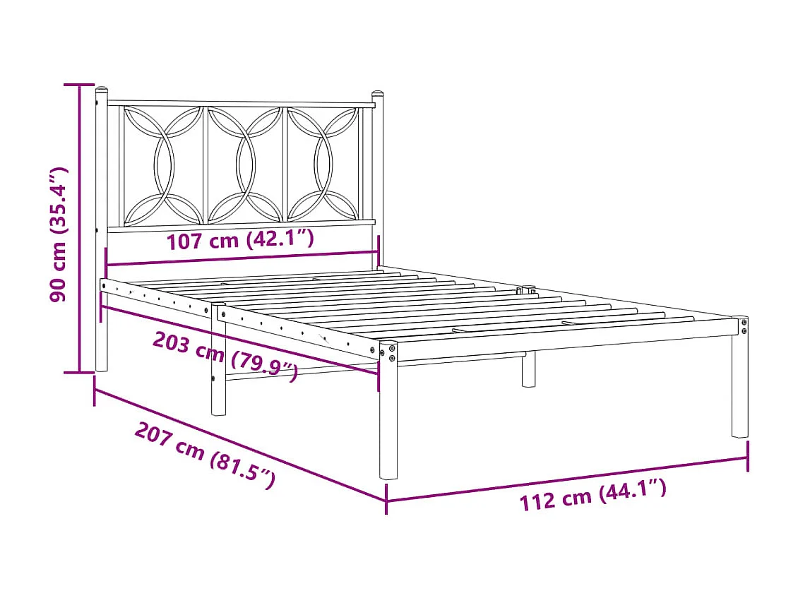 Cadre de lit métal sans matelas avec tête de lit noir 107x203cm