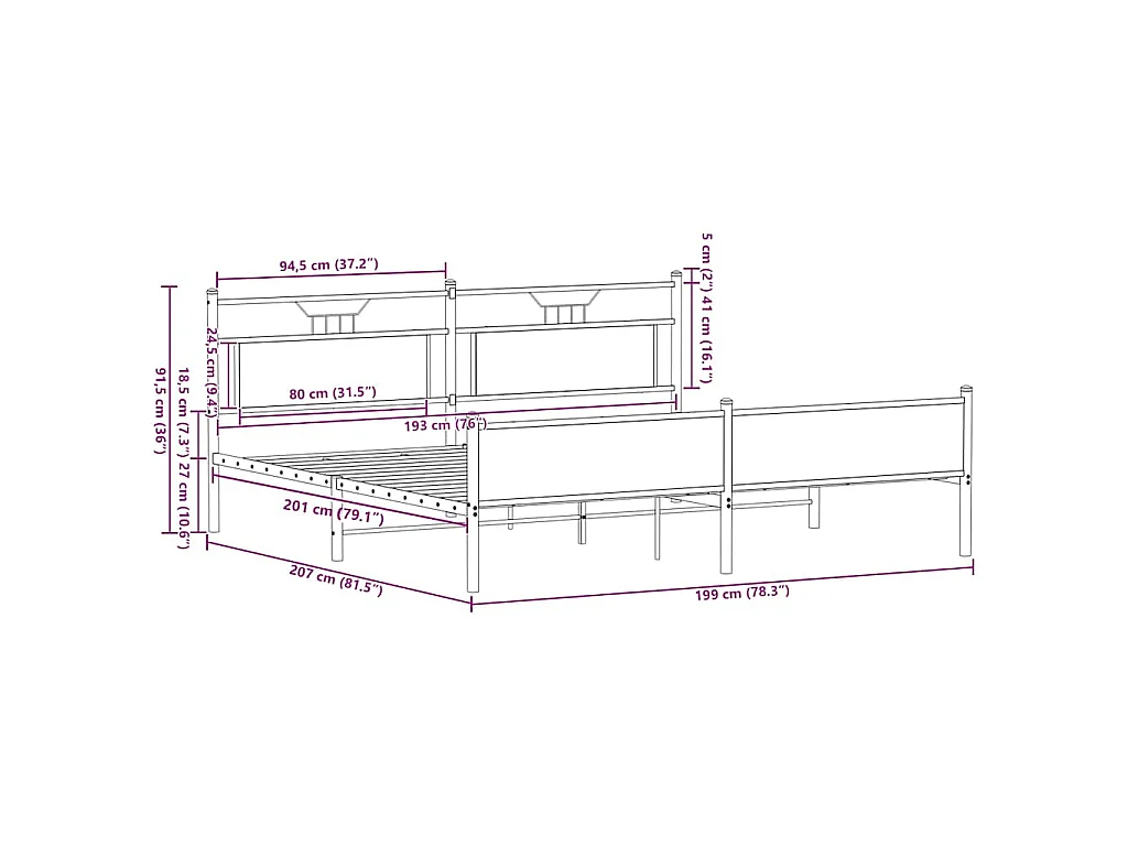 Bedframe zonder matras metaal bruin eikenkleur 193x203 cm