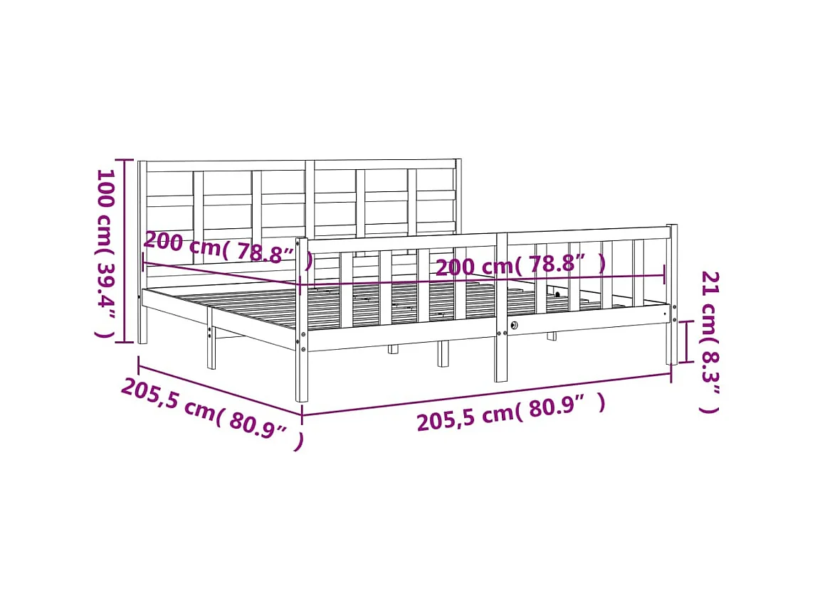 Cadre de lit sans matelas noir 200x200 cm bois massif de pin