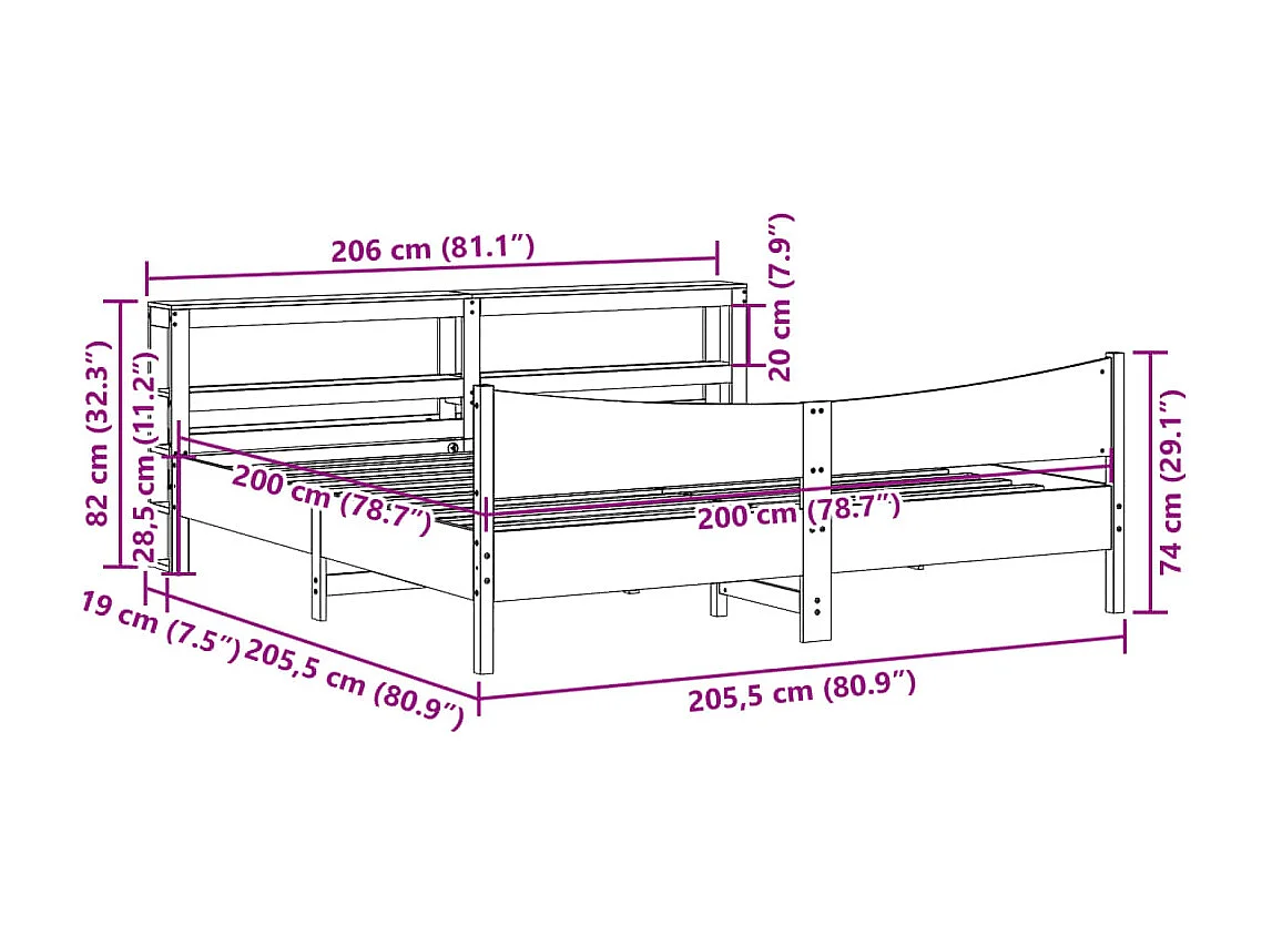Estrutura de cama com cabeceira 200x200 cm pinho maciço branco