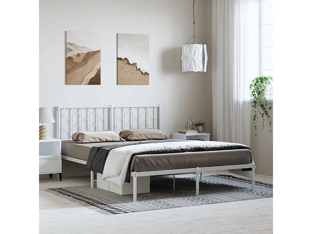 Cadre de lit métal sans matelas et tête de lit blanc 193x203 cm