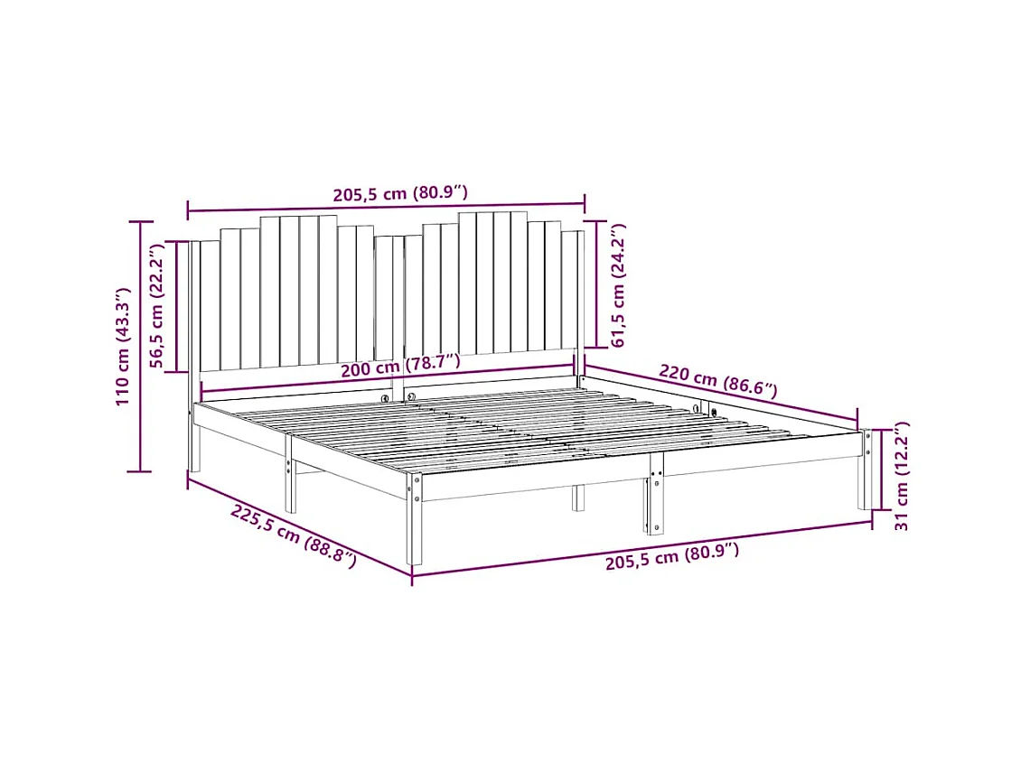 Cama extralarga sin colchón madera maciza 200x220 cm