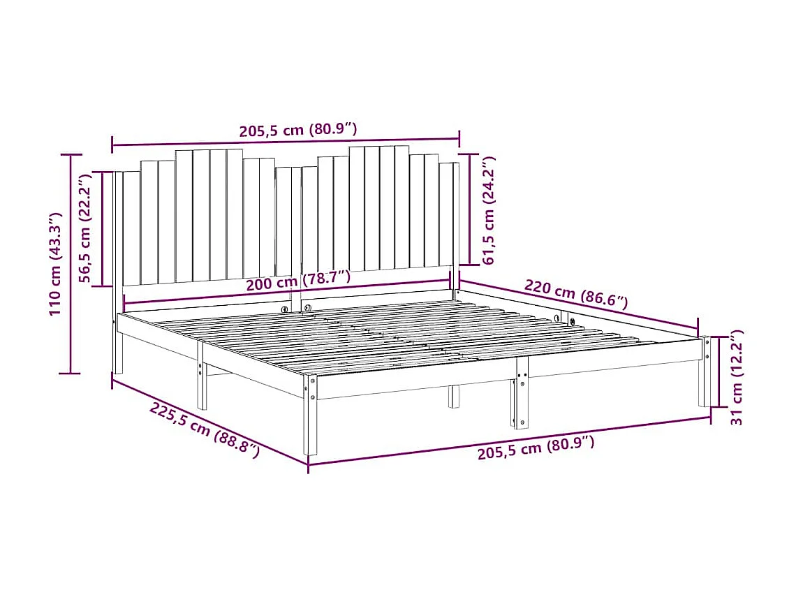 Cama extralarga sin colchón madera maciza 200x220 cm