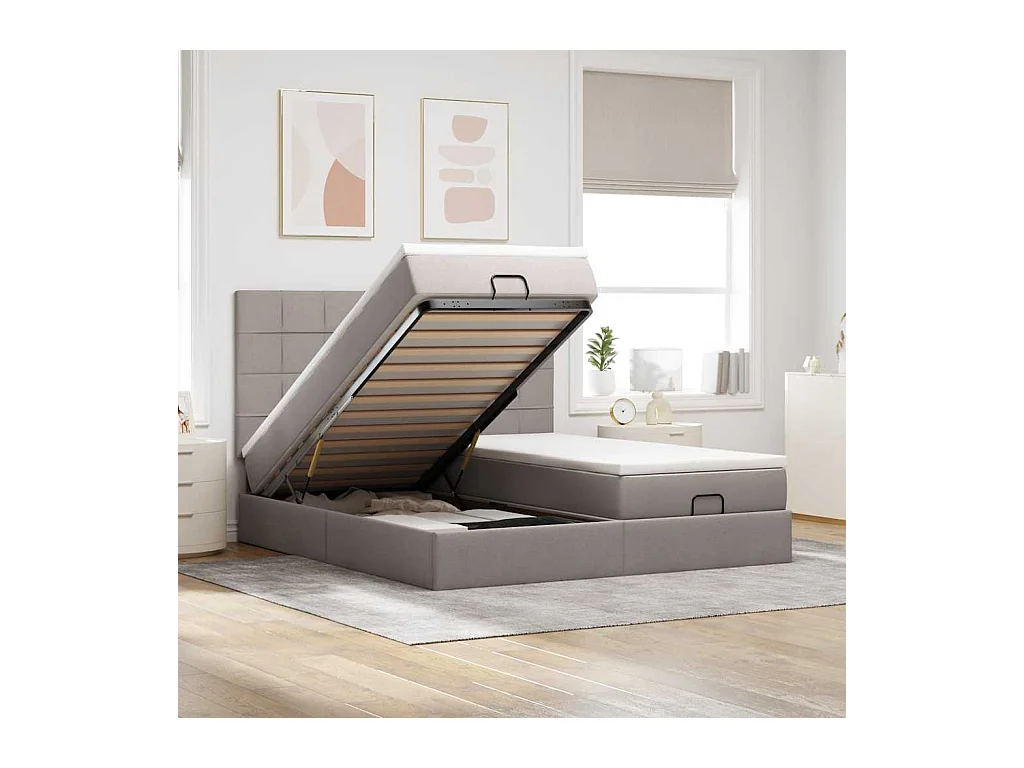 Struttura Letto Pouf con Materassi Tortora 200x200 cm Tessuto