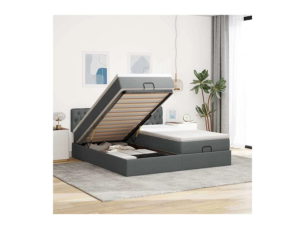 Cadre de lit ottoman avec matelas gris foncé 200x200cm tissu