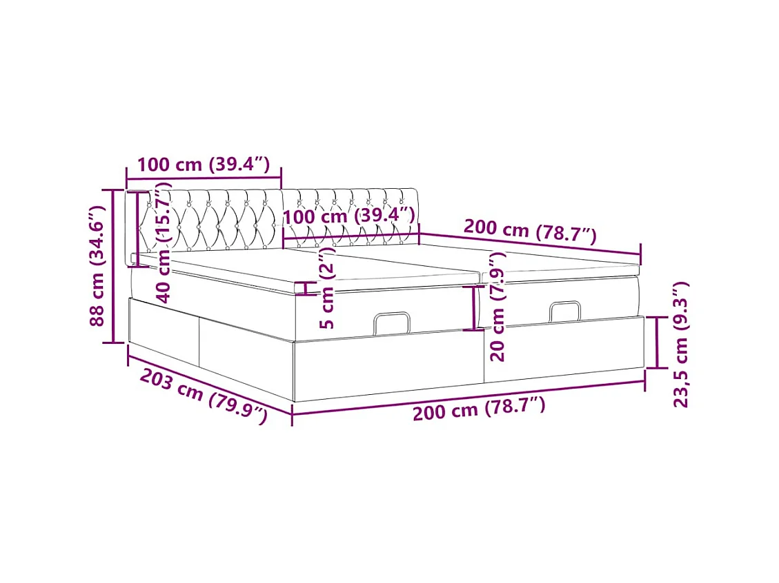 Cadre de lit ottoman avec matelas gris foncé 200x200cm tissu