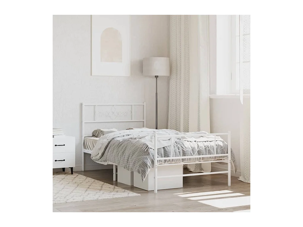 Cadre de lit métal sans matelas et pied de lit blanc 107x203 cm