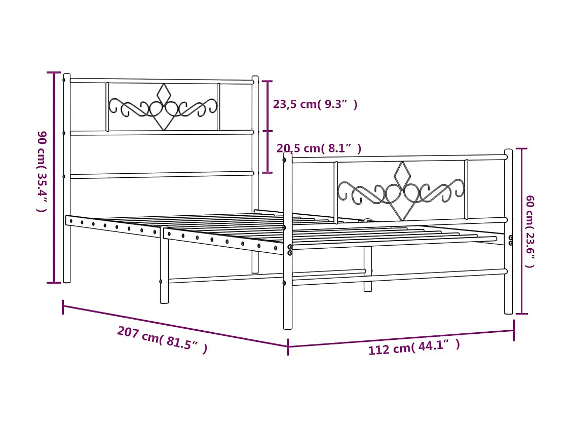 Estrutura de cama com cabeceira e pés 107x203 cm metal branco