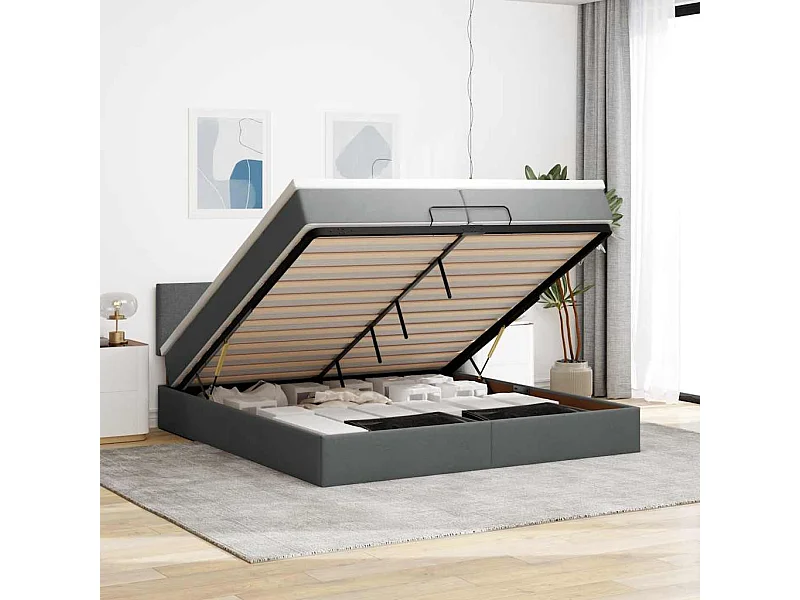 Cadre de lit ottoman avec matelas gris foncé 200x200cm tissu