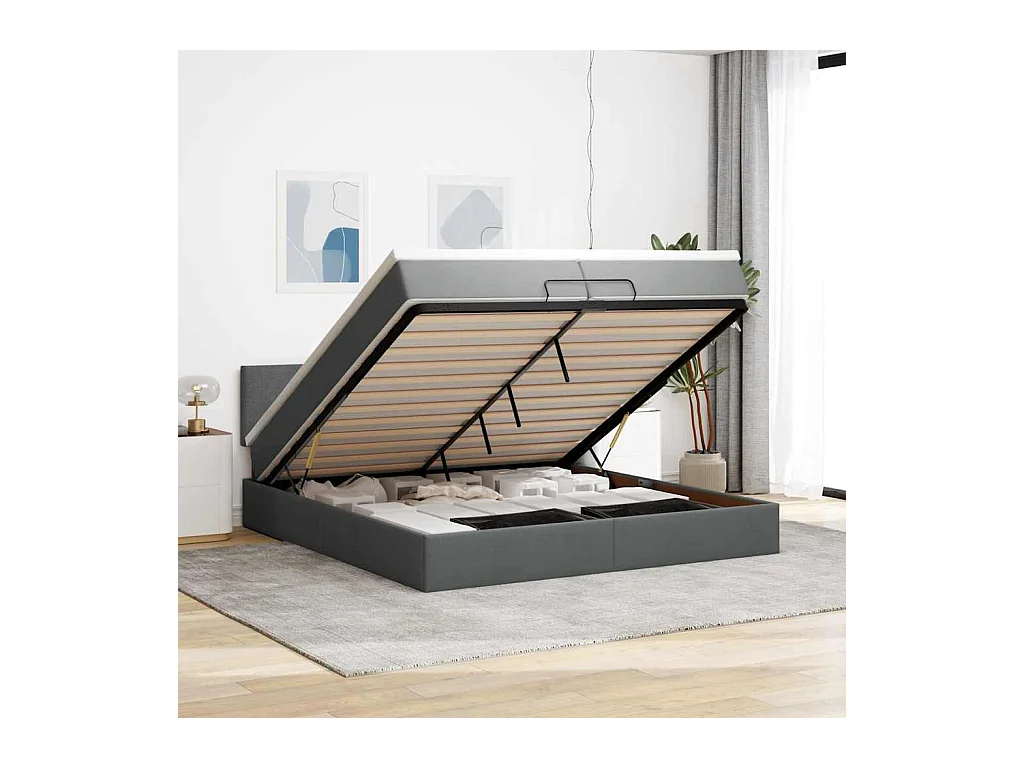 Cadre de lit ottoman avec matelas gris foncé 200x200cm tissu