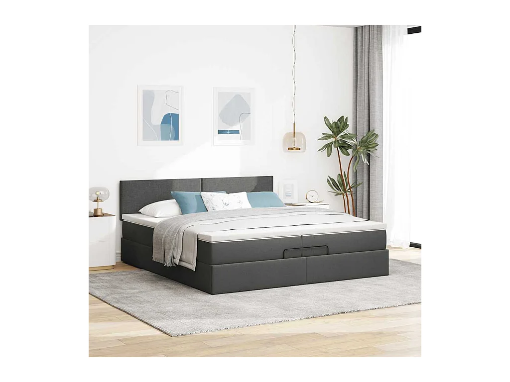 Cadre de lit ottoman avec matelas gris foncé 200x200cm tissu