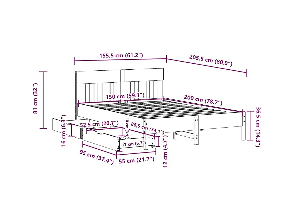 Letto senza Materasso 150x200 cm in Legno Massello di Pino