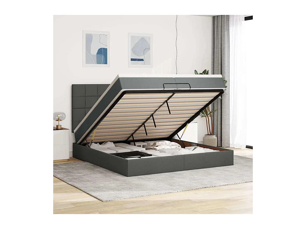 Cadre de lit ottoman avec matelas gris foncé 200x200cm tissu