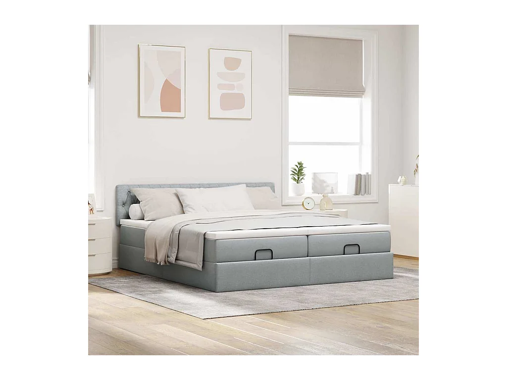 Cadre de lit ottoman et matelas gris clair 200x200cm tissu