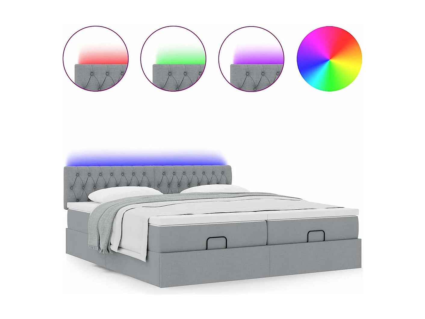 Ottoman-Bett mit Matratzen & LEDs Hellgrau 200x200 cm Stoff