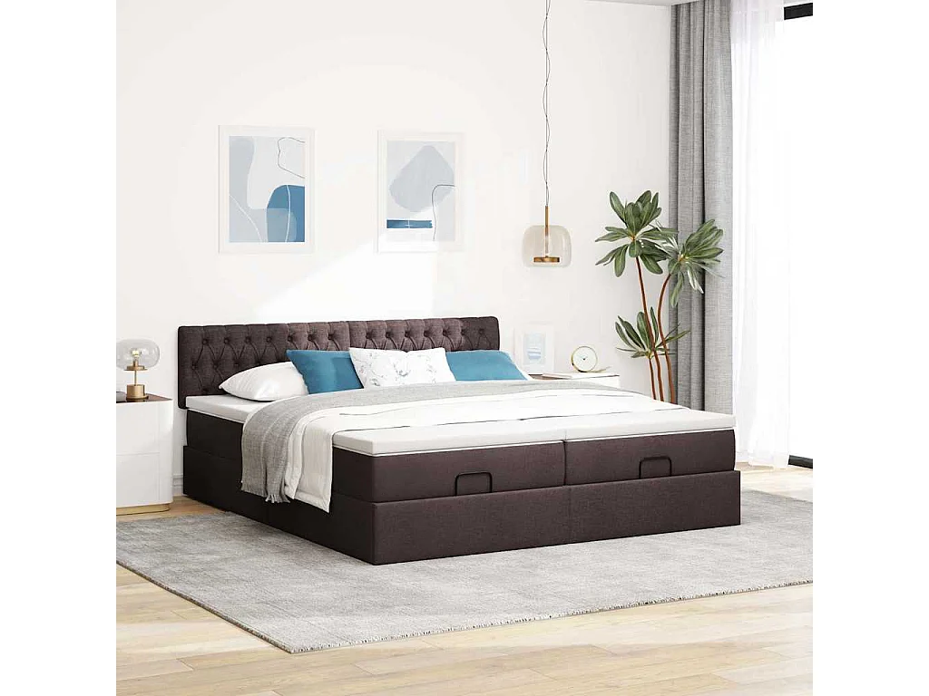 Cadre de lit ottoman avec matelas marron foncé 200x200 cm tissu