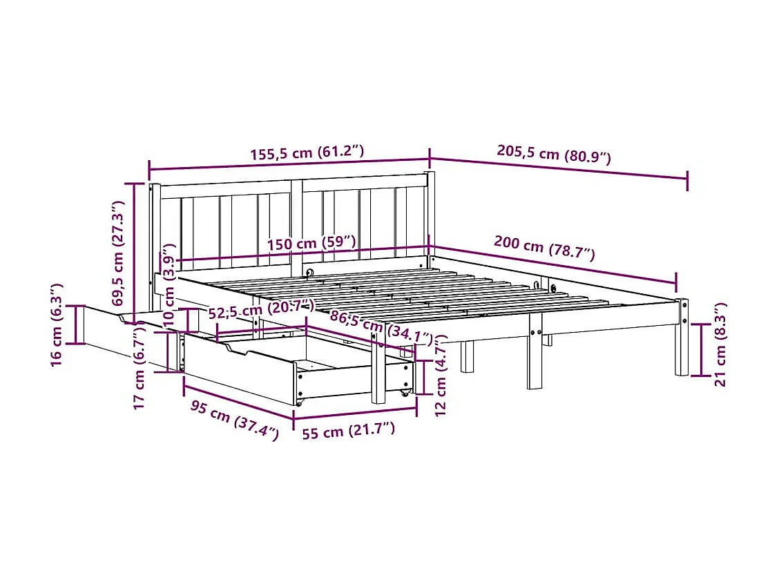 Cadre de lit sans matelas blanc 150x200 cm bois de pin massif