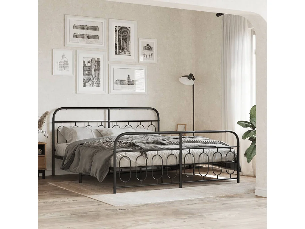 Cadre de lit métal sans matelas avec pied de lit noir 193x203cm