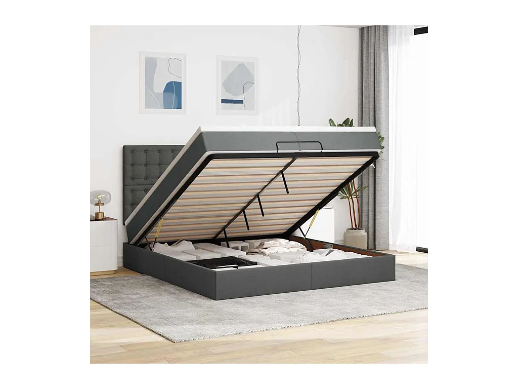 Cadre de lit ottoman avec matelas gris foncé 200x200cm tissu