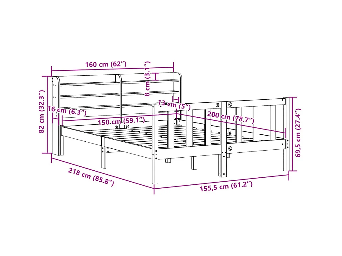 Cadre de lit sans matelas 150x200 cm bois de pin massif