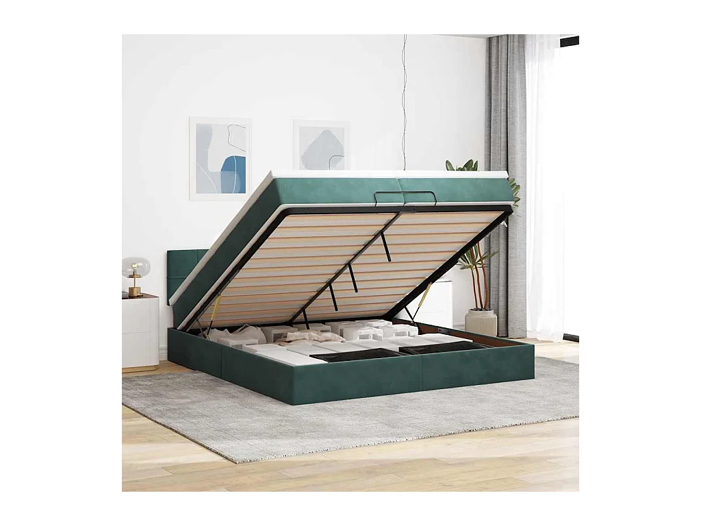 Cadre de lit ottoman avec matelas vert foncé 200x200 cm velours