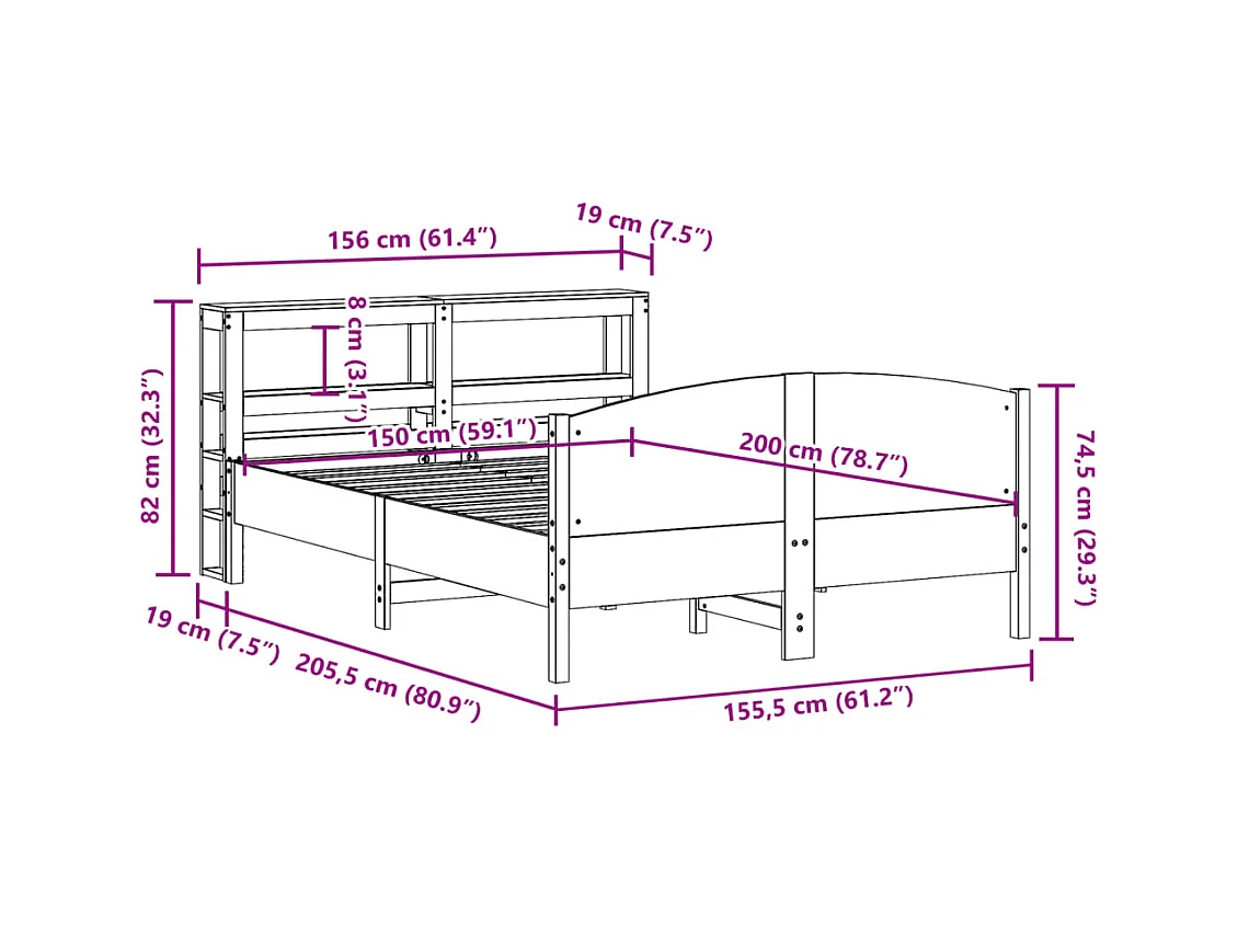 Cama sin colchón madera maciza pino marrón cera 150x200 cm