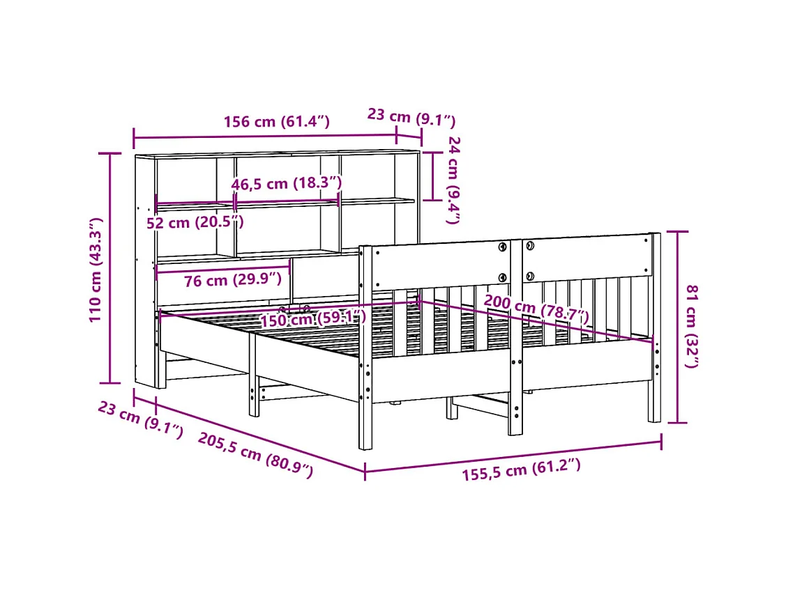 Cadre de lit sans matelas cire marron 150x200cm bois pin massif