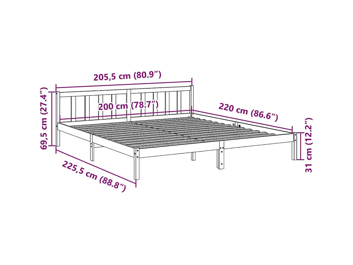 Cadre de lit extra long sans matelas 200x220 cm bois massif pin