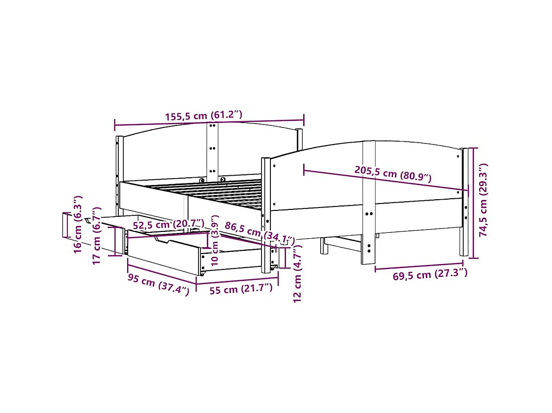 Estructura de cama sin colchón madera de pino blanca 150x200 cm
