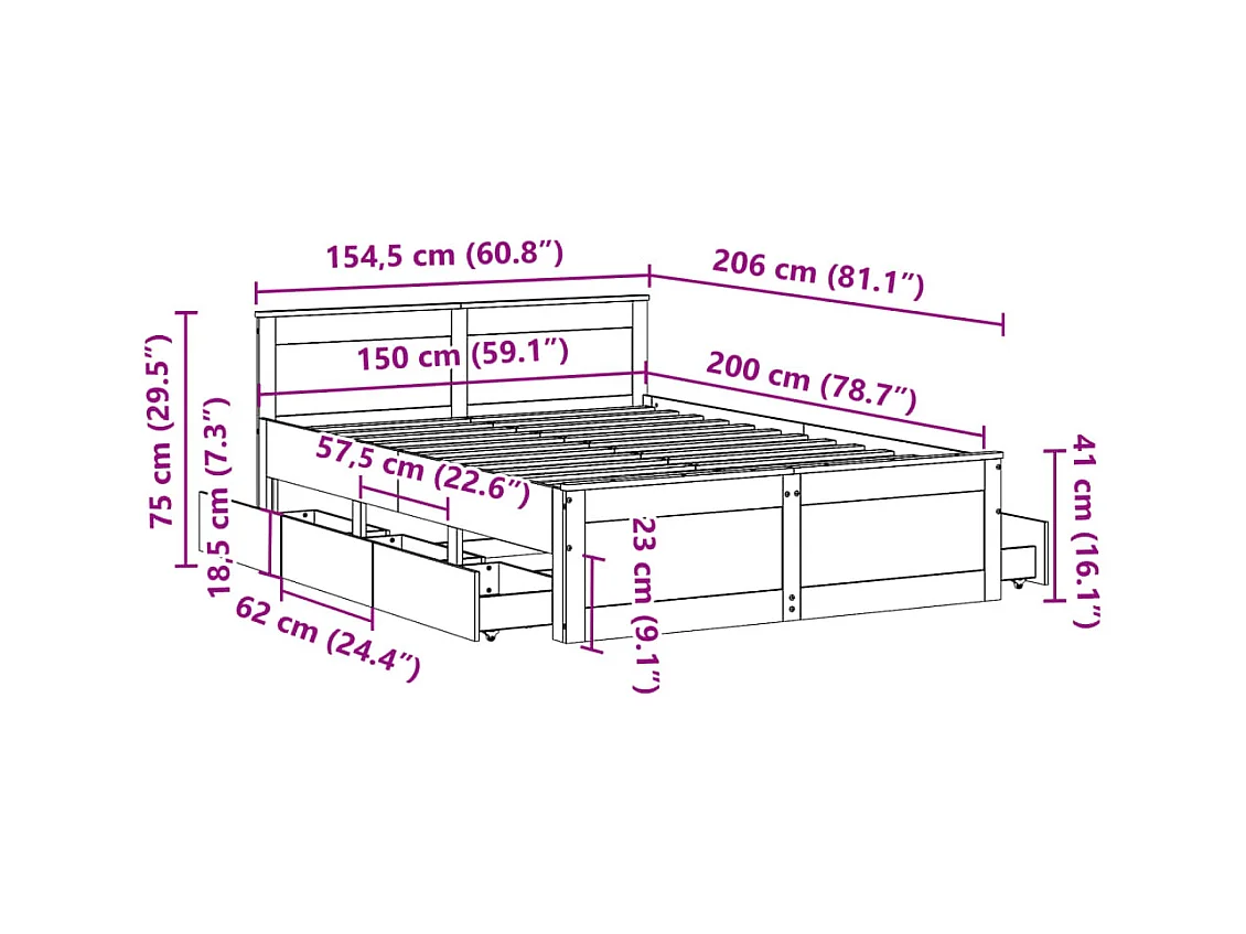 Cama con cabecero sin colchón madera maciza de pino 150x200 cm