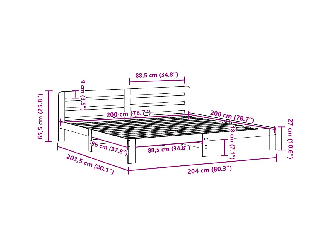 Cadre de lit sans matelas blanc 200x200 cm bois massif de pin