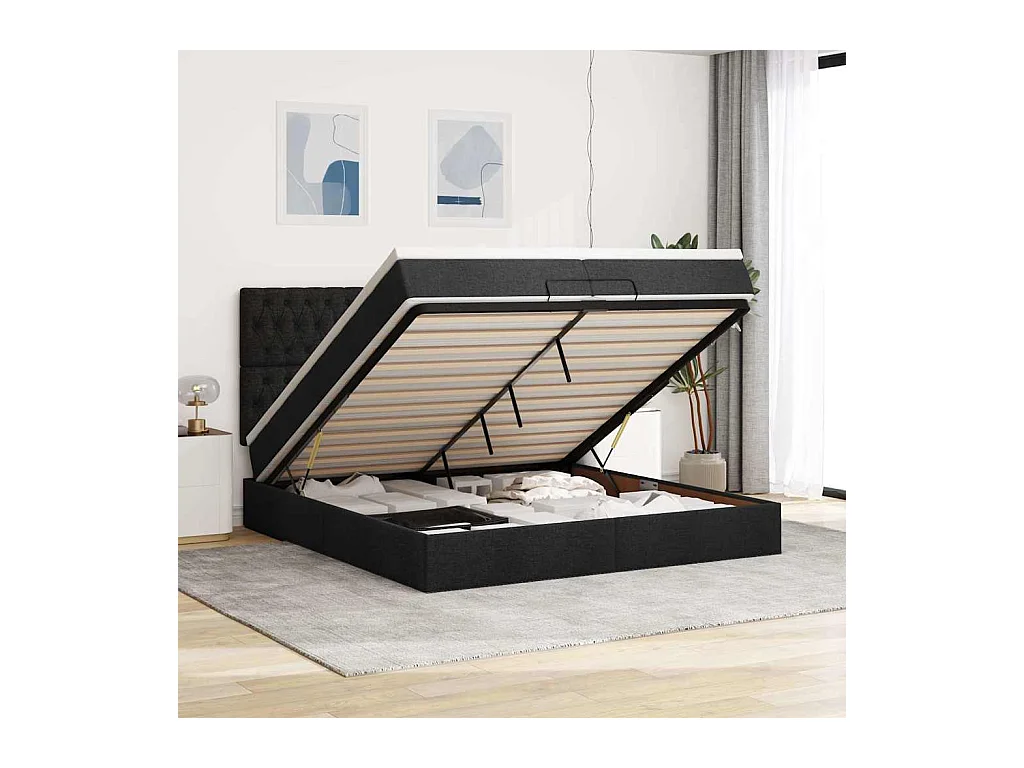 Cadre de lit ottoman avec matelas noir 200x200cm tissu