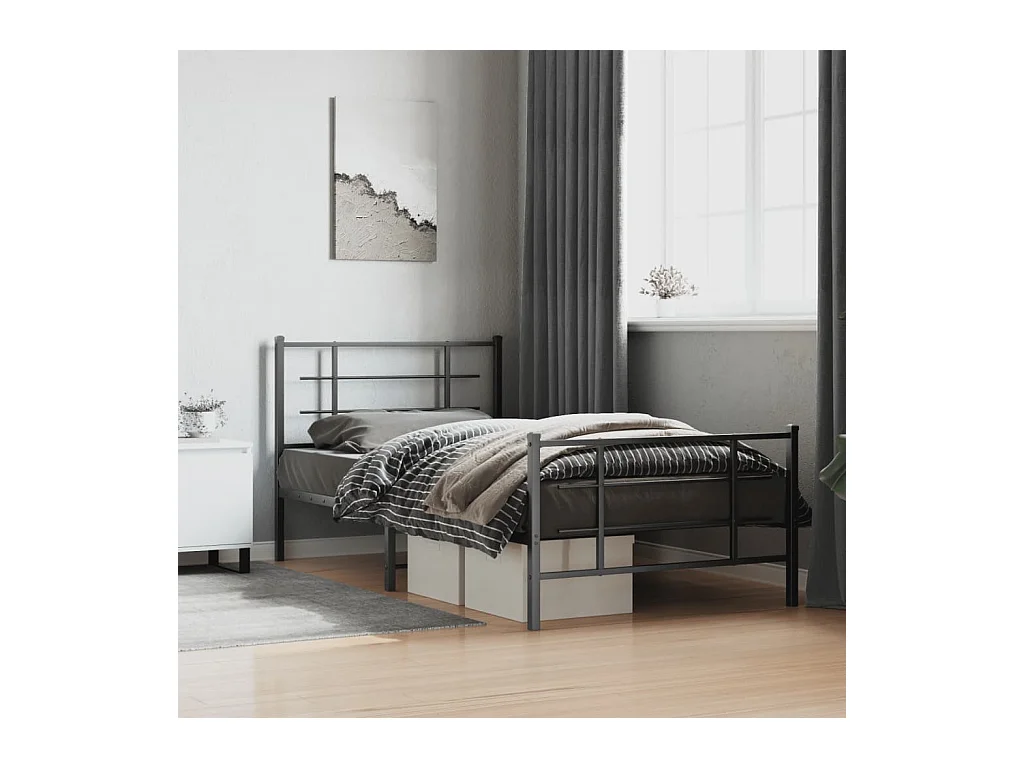 Cadre de lit métal sans matelas avec pied de lit noir 107x203cm