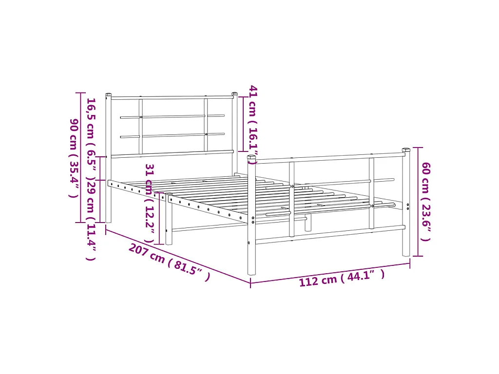 Cadre de lit métal sans matelas avec pied de lit noir 107x203cm