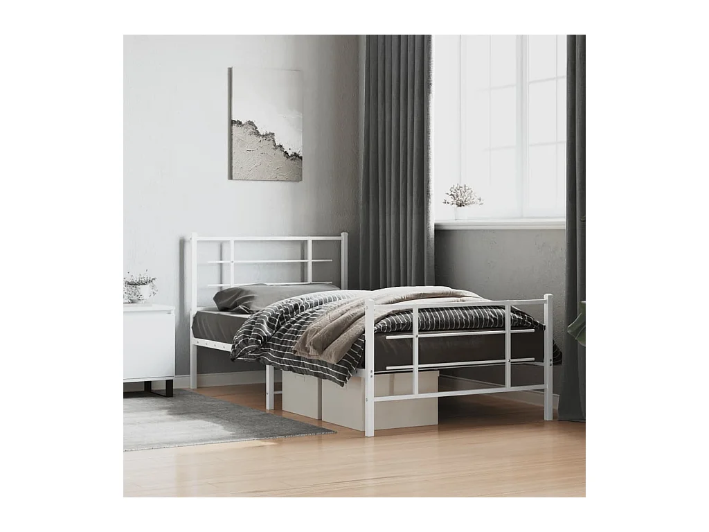 Cadre de lit métal sans matelas et pied de lit blanc 107x203 cm