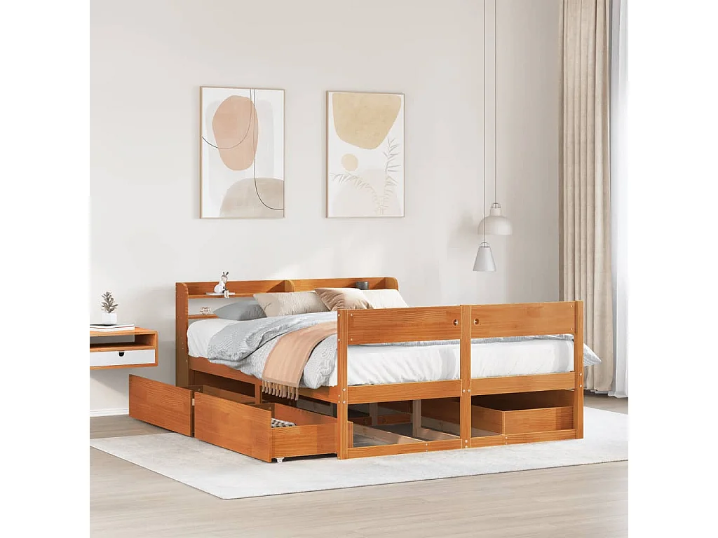 Cama sem colchão 150x200 cm madeira pinho maciça castanho-mel