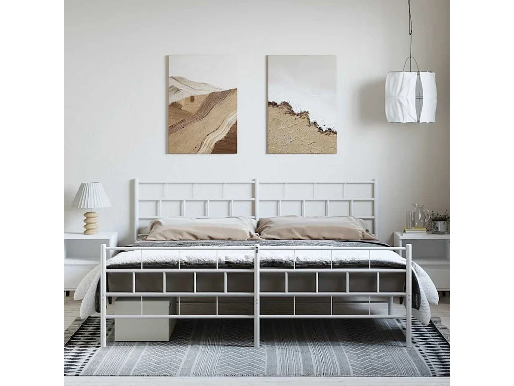 Cadre de lit métal sans matelas et pied de lit blanc 193x203 cm