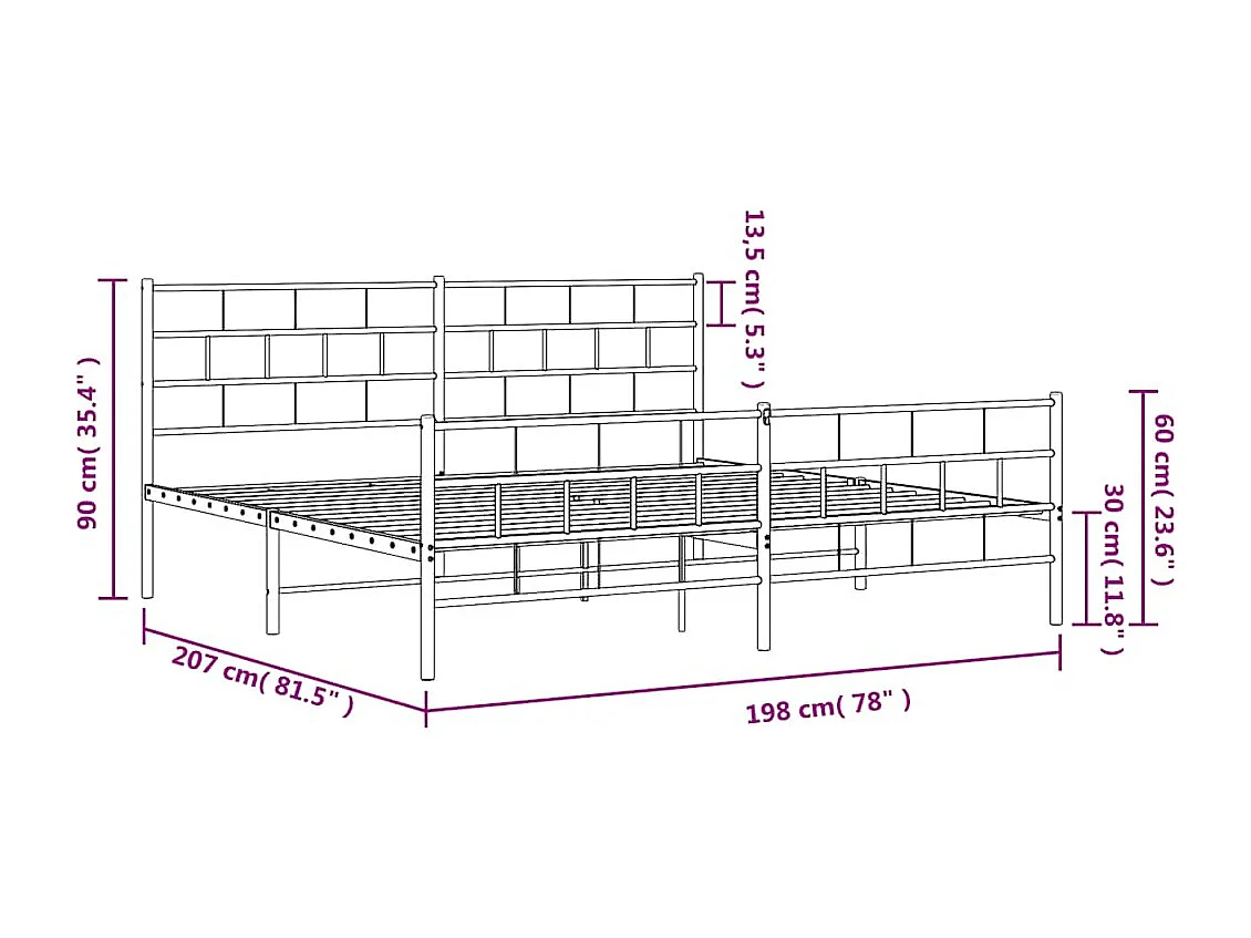 Cadre de lit métal sans matelas et pied de lit blanc 193x203 cm