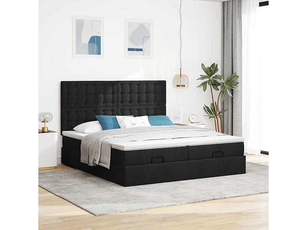 Cadre de lit ottoman avec matelas noir 200x200cm tissu