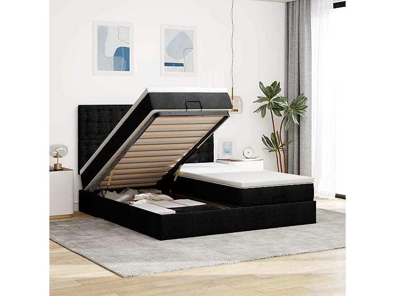 Ottoman bed met matrassen en LED's 200x200cm stof zwart